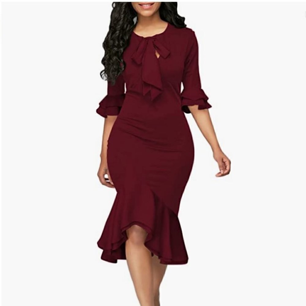 YACUN Women Bodycon Dress Cocktail Work Half Sleeve Bow Tie Party Dress